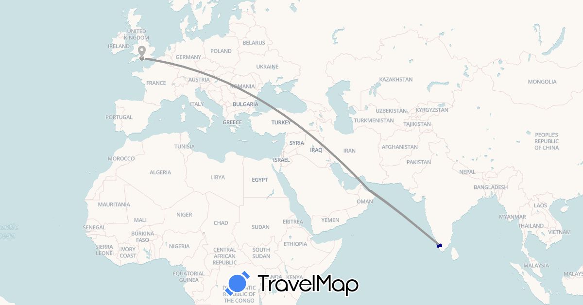 TravelMap itinerary: driving, plane, hiking, boat in United Kingdom, India, Oman (Asia, Europe)